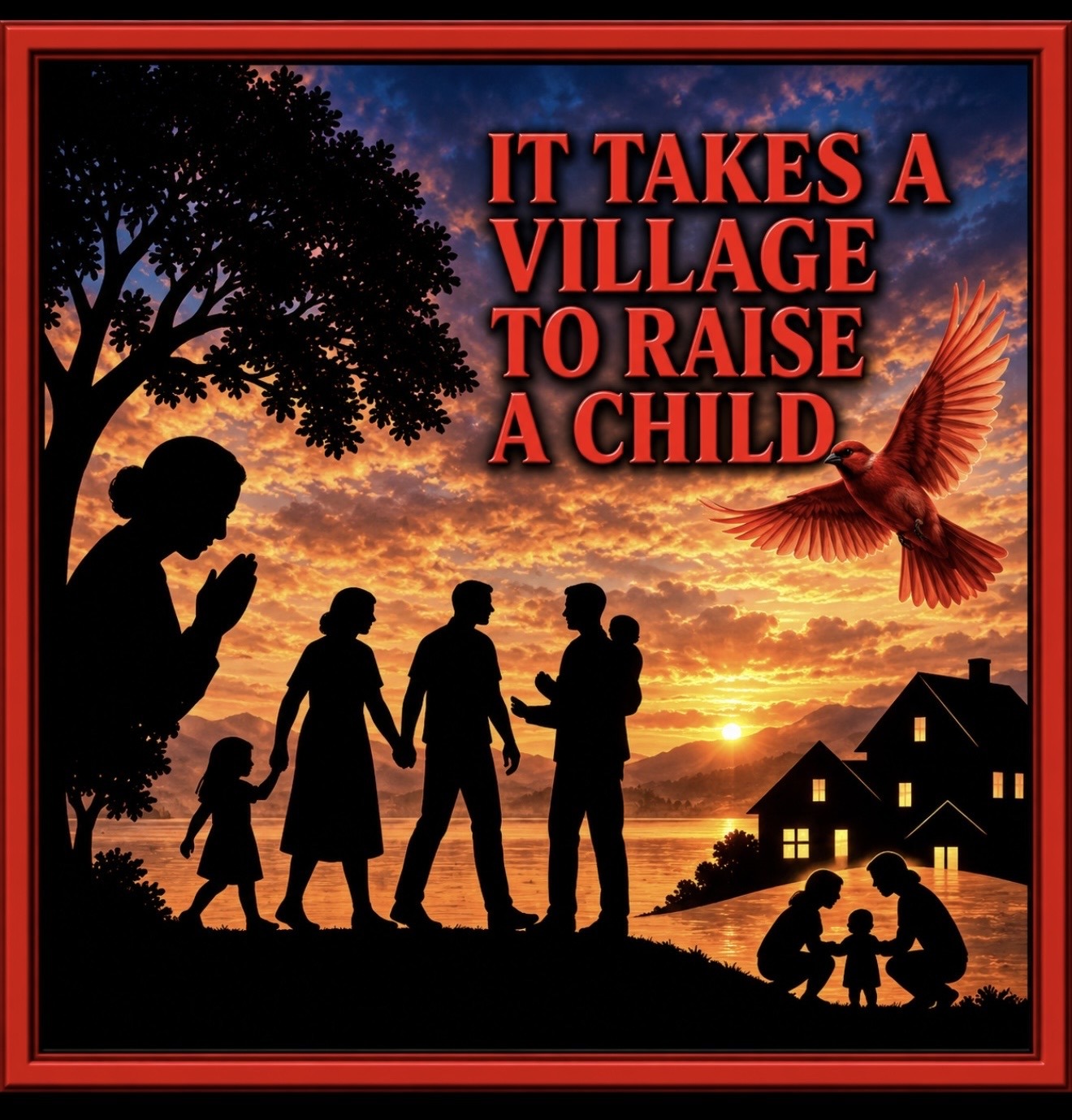 It Takes a Village to Raise a Child program artwork with families and a red cardinal